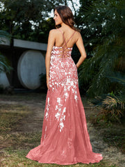 Spitze Applique Hoher Schlitz Eingebaut Tüll Kleid Flamingo