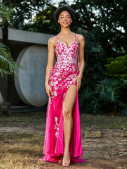 Spitze Applique Hoher Schlitz Eingebaut Tüll Kleid Fuchsia Übergröße