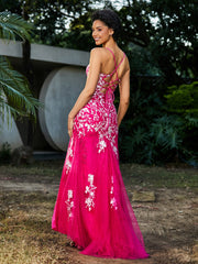 Spitze Applique Hoher Schlitz Eingebaut Tüll Kleid Fuchsia