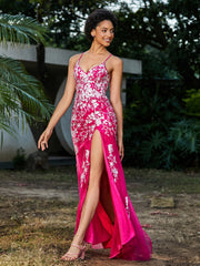 Spitze Applique Hoher Schlitz Eingebaut Tüll Kleid Fuchsia