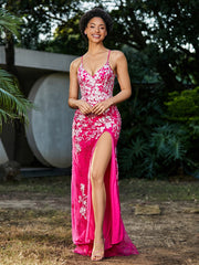 Spitze Applique Hoher Schlitz Eingebaut Tüll Kleid Fuchsia