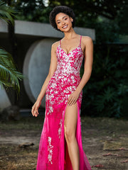 Spitze Applique Hoher Schlitz Eingebaut Tüll Kleid Fuchsia