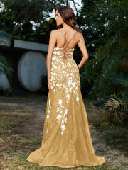 Spitze Applique Hoher Schlitz Eingebaut Tüll Kleid Gold