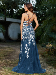 Spitze Applique Hoher Schlitz Eingebaut Tüll Kleid Tinte blau