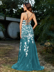 Spitze Applique Hoher Schlitz Eingebaut Tüll Kleid Jade