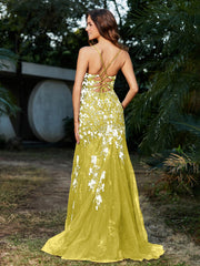 Spitze Applique Hoher Schlitz Eingebaut Tüll Kleid Zitrone