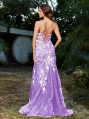 Spitze Applique Hoher Schlitz Eingebaut Tüll Kleid Lila