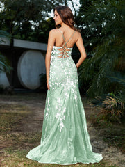 Spitze Applique Hoher Schlitz Eingebaut Tüll Kleid Minzgrün