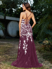 Spitze Applique Hoher Schlitz Eingebaut Tüll Kleid Maulbeere