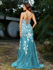 Spitze Applique Hoher Schlitz Eingebaut Tüll Kleid Schwimmbadblau