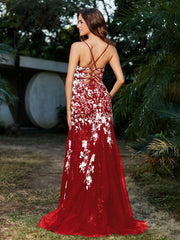 Spitze Applique Hoher Schlitz Eingebaut Tüll Kleid Rot