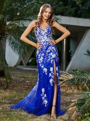 Spitze Applique Hoher Schlitz Eingebaut Tüll Kleid Königsblau Übergröße