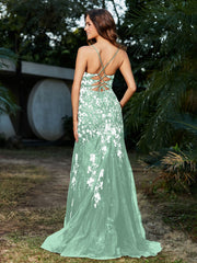 Spitze Applique Hoher Schlitz Eingebaut Tüll Kleid Salbei