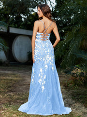 Spitze Applique Hoher Schlitz Eingebaut Tüll Kleid Himmelblau
