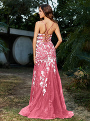 Spitze Applique Hoher Schlitz Eingebaut Tüll Kleid Wassermelone
