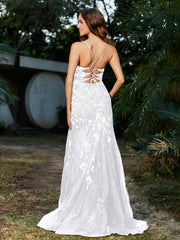 Spitze Applique Hoher Schlitz Eingebaut Tüll Kleid Weiß