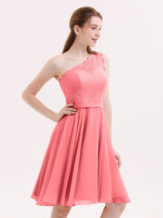 Eine Schulter Kurz Spitze Brautjungfernkleid Wassermelone