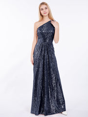 Eine Schulter Lang Paillette Kleid Dunkelmarine