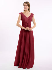 Spitze und Chiffon Kleid mit Flügelärmeln und V-Ausschnitt Burgunderrot
