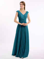 Spitze und Chiffon Kleid mit Flügelärmeln und V-Ausschnitt Tinte blau
