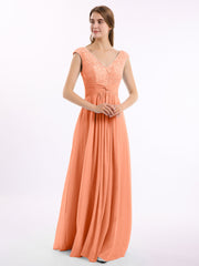 Spitze und Chiffon Kleid mit Flügelärmeln und V-Ausschnitt Papaya