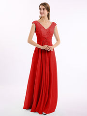Spitze und Chiffon Kleid mit Flügelärmeln und V-Ausschnitt Rot