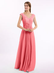 Spitze und Chiffon Kleid mit Flügelärmeln und V-Ausschnitt Wassermelone