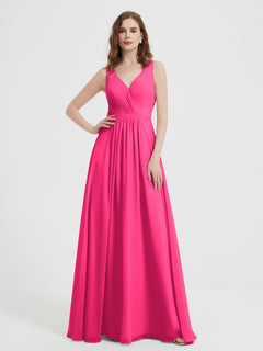 Offener Rücken Chiffon-Kleid mit V-Ausschnitt Fuchsia