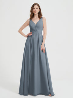 Offener Rücken Chiffon-Kleid mit V-Ausschnitt Schieferblau