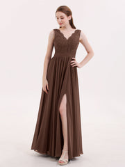 Spitze und Chiffon Sexy Kleid mit Schlitz Schokolade