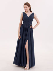 Spitze und Chiffon Sexy Kleid mit Schlitz Dunkelmarine