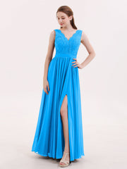 Spitze und Chiffon Sexy Kleid mit Schlitz Meerblau