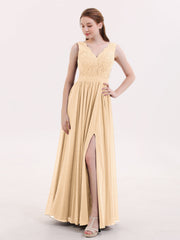 Spitze und Chiffon Sexy Kleid mit Schlitz Pfirsich