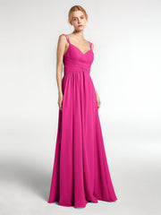 Chiffon Langes Brautjungfernkleid mit Doppeltem Trägern Fuchsia