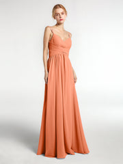 Chiffon Langes Brautjungfernkleid mit Doppeltem Trägern Papaya