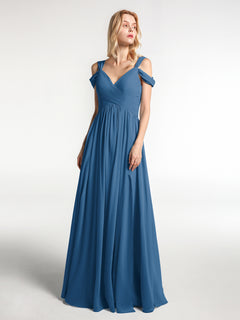 Schulterfreies Langes Kleid mit Schlitz und Hoher Taille Tinte blau