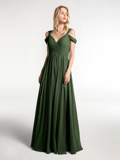 Schulterfreies Langes Kleid mit Schlitz und Hoher Taille Olivgrün