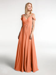 Schulterfreies Langes Kleid mit Schlitz und Hoher Taille Papaya
