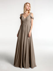 Schulterfreies Langes Kleid mit Schlitz und Hoher Taille Taupe