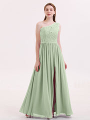Eine Schulter Chiffon und Spitze Kleid mit Schlitz Staubiges Salbei