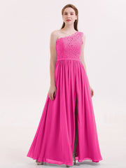 Eine Schulter Chiffon und Spitze Kleid mit Schlitz Fuchsia