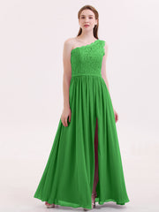 Eine Schulter Chiffon und Spitze Kleid mit Schlitz Grün