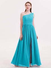 Eine Schulter Chiffon und Spitze Kleid mit Schlitz Jade