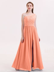 Eine Schulter Chiffon und Spitze Kleid mit Schlitz Sonnenuntergang
