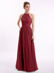 Lange Halfter Chiffon-Kleider mit offenem Rücken Burgunderrot