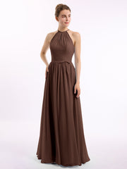 Lange Halfter Chiffon-Kleider mit offenem Rücken Schokolade
