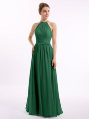 Lange Halfter Chiffon-Kleider mit offenem Rücken Dunkelgrün
