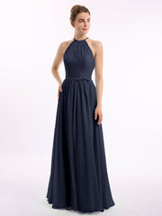 Lange Halfter Chiffon-Kleider mit offenem Rücken Dunkelmarine