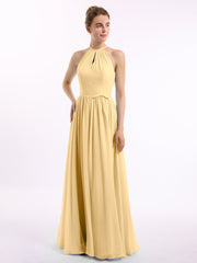 Lange Halfter Chiffon-Kleider mit offenem Rücken Gold