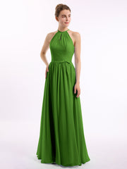 Lange Halfter Chiffon-Kleider mit offenem Rücken Moos